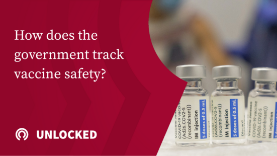"How does the government track vaccine safety?" with photo of vaccine vials by Adrià Crehuet Cano on Unsplash